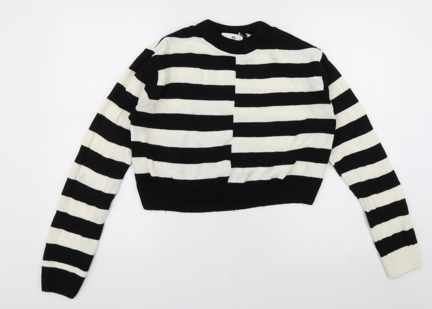 COLLUSION Womens Black Crew Neck Striped Acrylic Pullover Jumper Size 10   - cropped