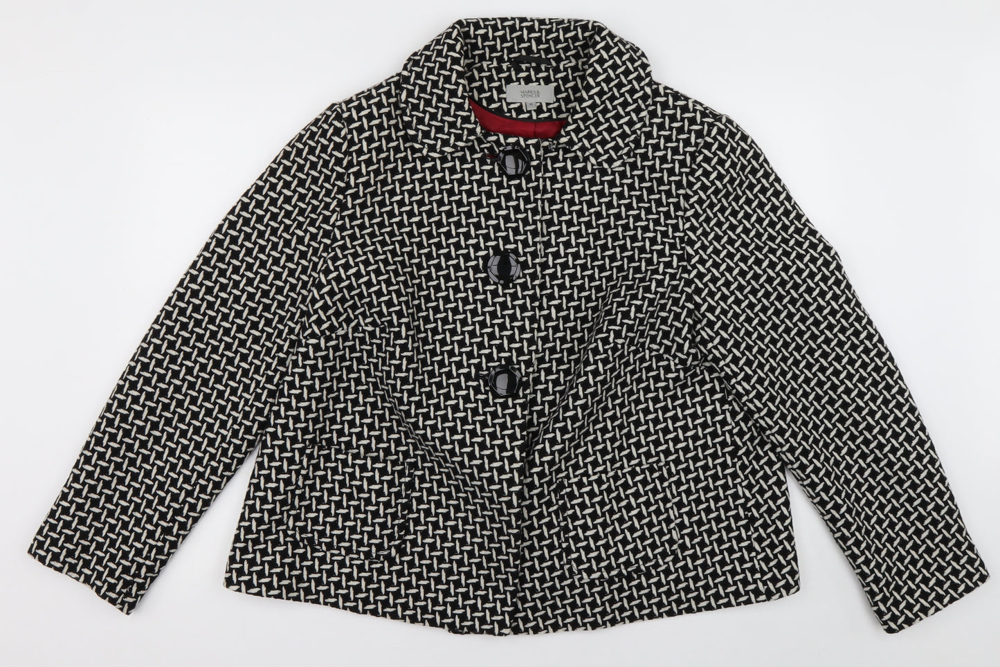 Marks and Spencer Womens Black Geometric  Overcoat Coat Size 18  Button