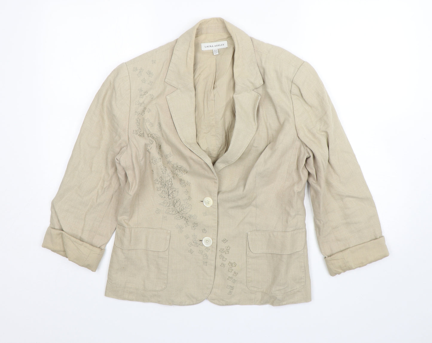 Laura Ashley Womens Beige Floral Linen Jacket Blazer Size 12