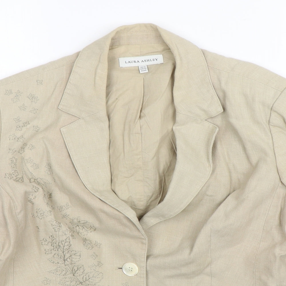 Laura Ashley Womens Beige Floral Linen Jacket Blazer Size 12