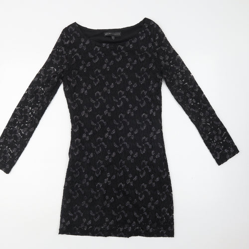 Mela Loves London Womens Black Floral Polyester Bodycon  Size 10  Round Neck  - Lace Overlay