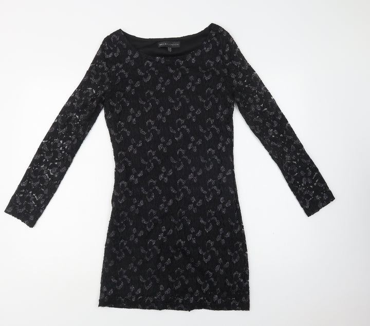 Mela Loves London Womens Black Floral Polyester Bodycon  Size 10  Round Neck  - Lace Overlay