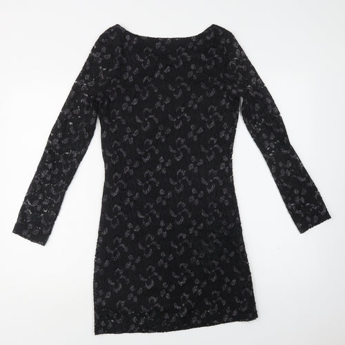 Mela Loves London Womens Black Floral Polyester Bodycon  Size 10  Round Neck  - Lace Overlay
