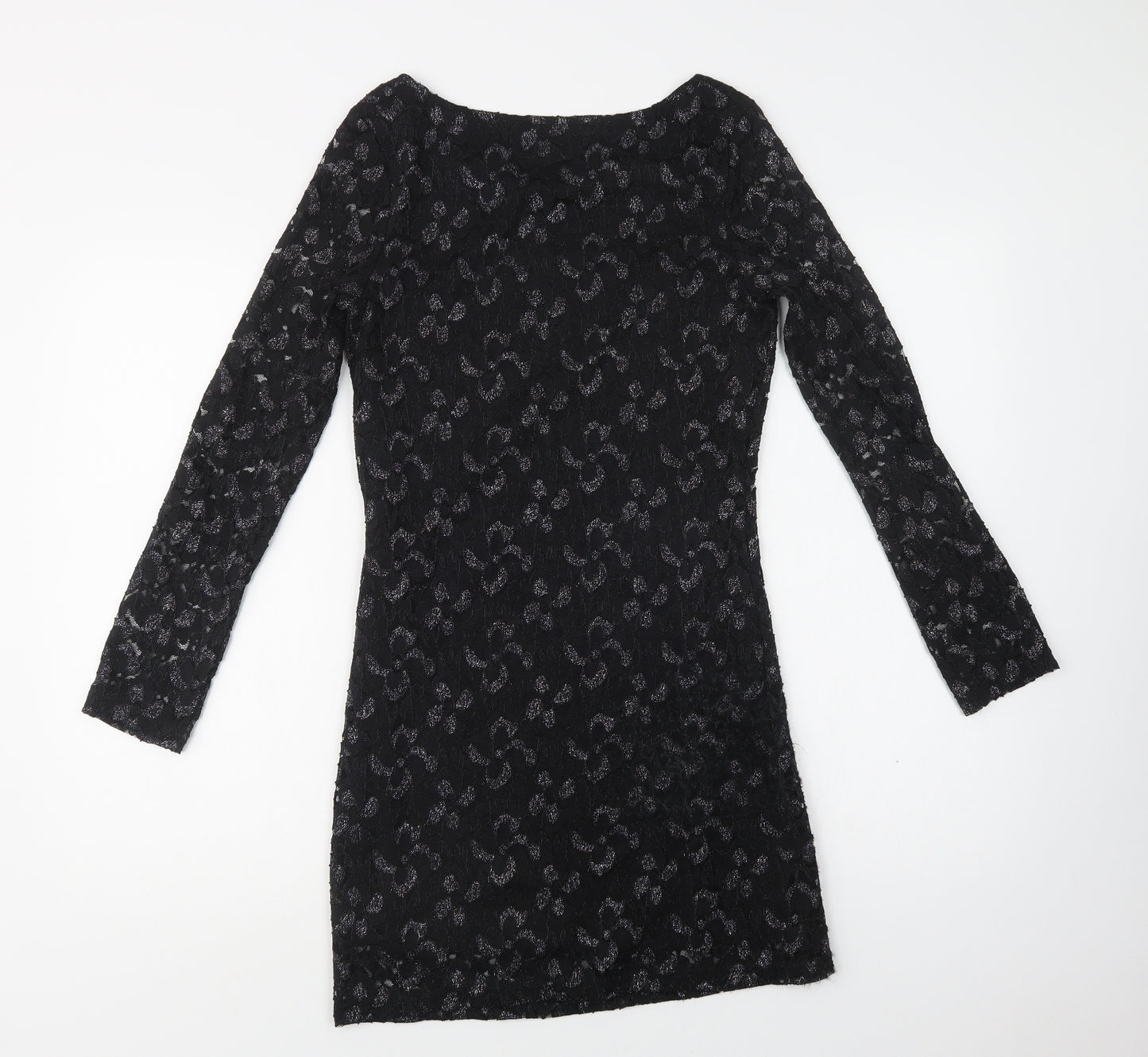 Mela Loves London Womens Black Floral Polyester Bodycon  Size 10  Round Neck  - Lace Overlay