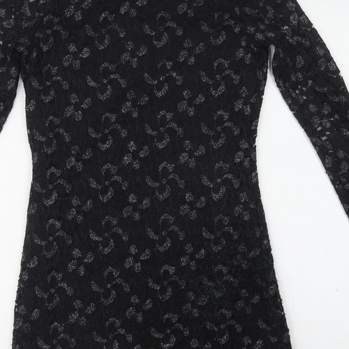 Mela Loves London Womens Black Floral Polyester Bodycon  Size 10  Round Neck  - Lace Overlay