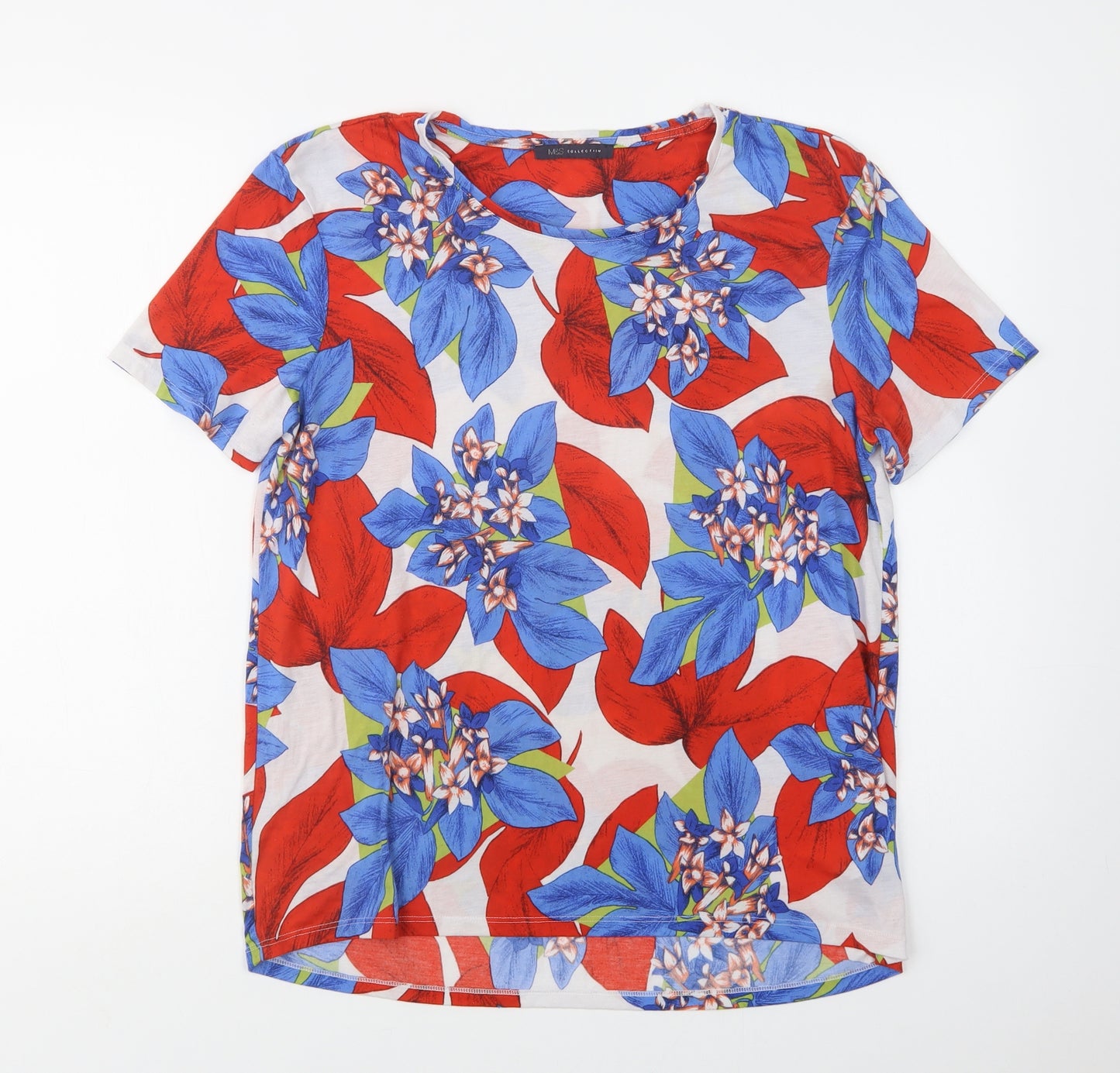 M&S Womens Multicoloured Floral Polyester Basic Blouse Size 14 Crew Neck