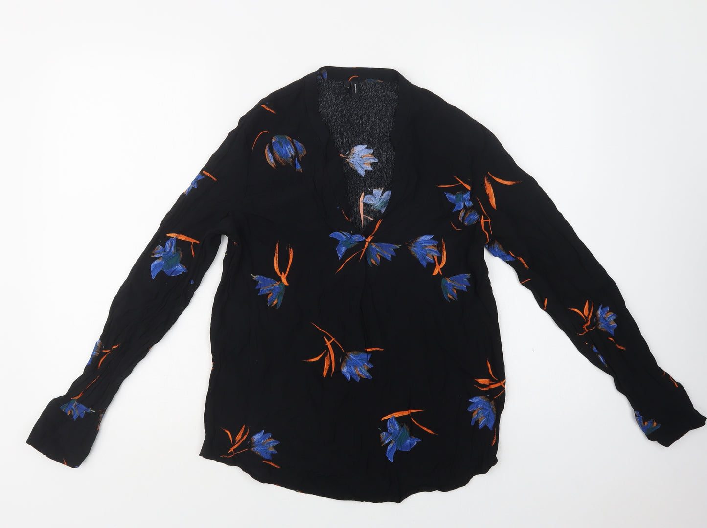 VERO MODA Womens Black Floral Viscose Basic Blouse Size M V-Neck