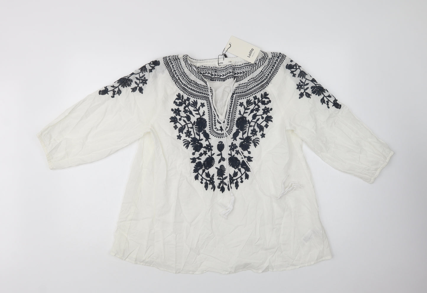 Lolita Womens White Floral Cotton Basic Blouse Size L V-Neck