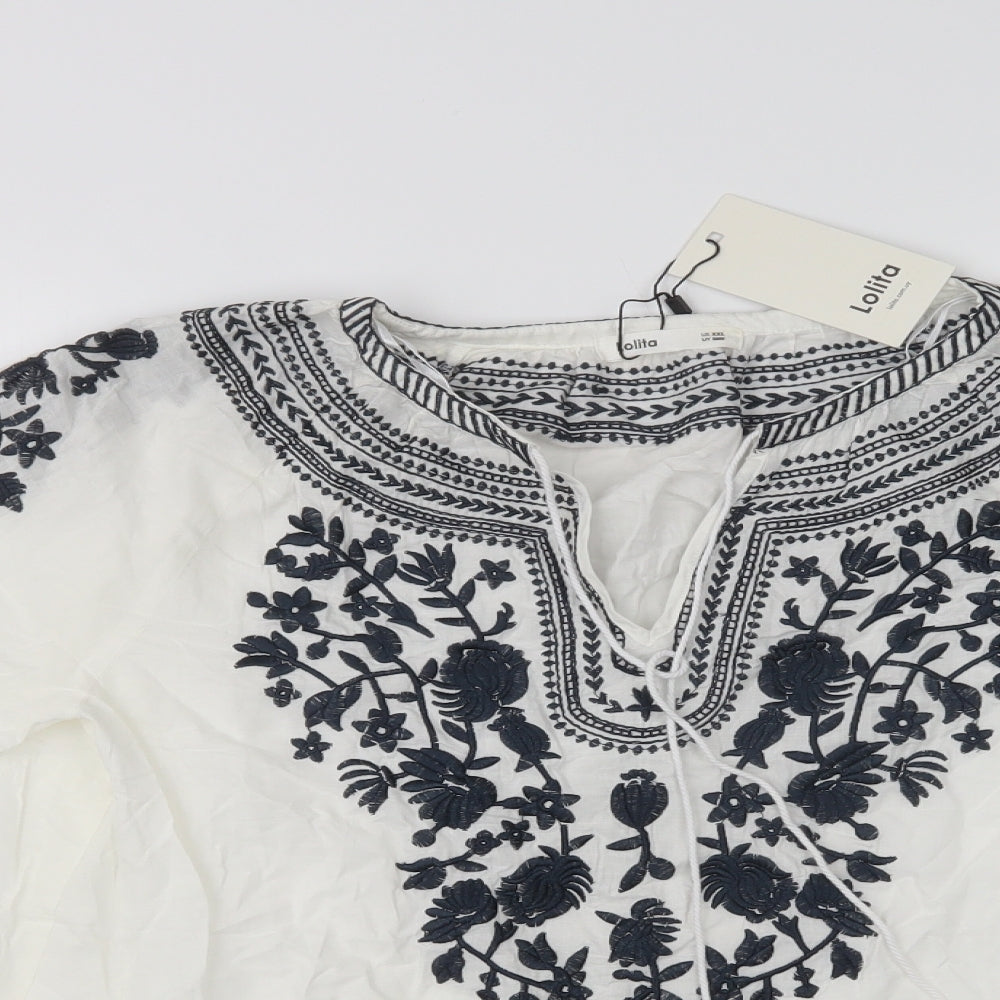 Lolita Womens White Floral Cotton Basic Blouse Size L V-Neck