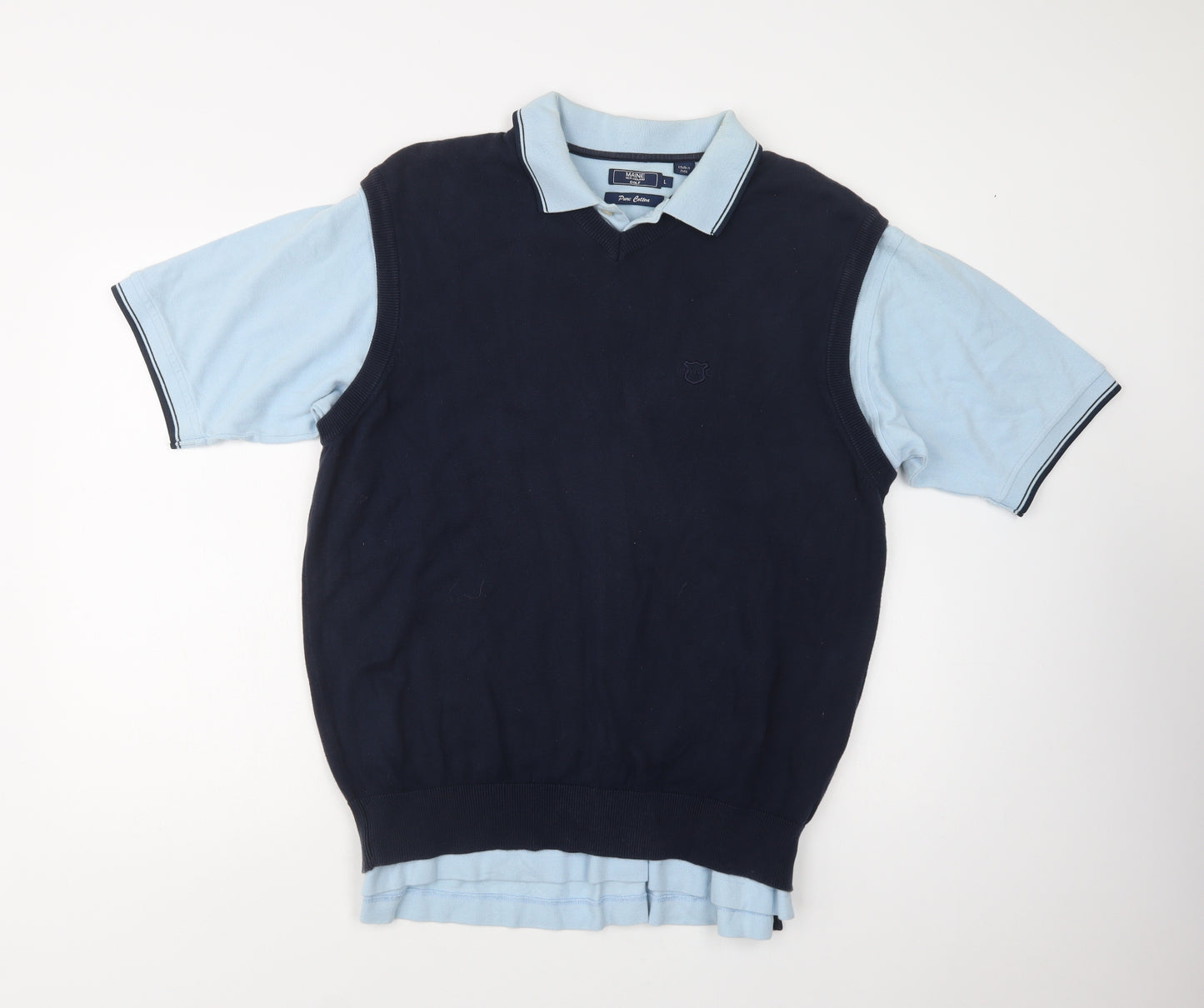 Maine N Mens Blue  Cotton  Polo Size L Collared Button