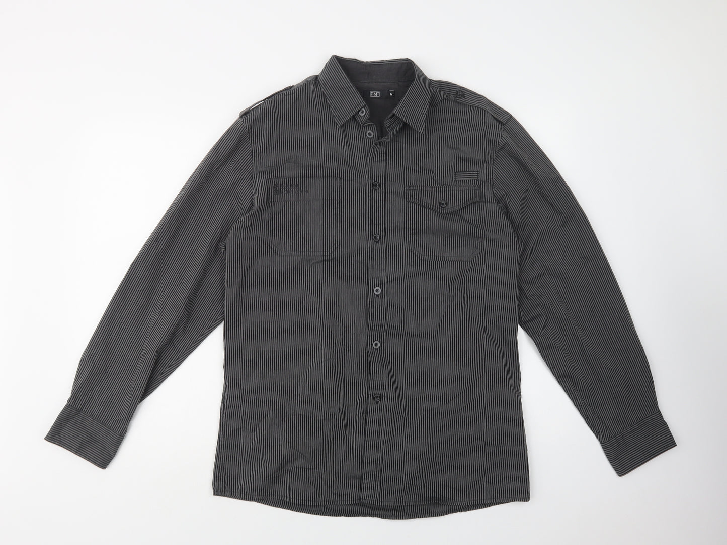 F&F Mens Black Striped Cotton  Button-Up Size M Collared Button