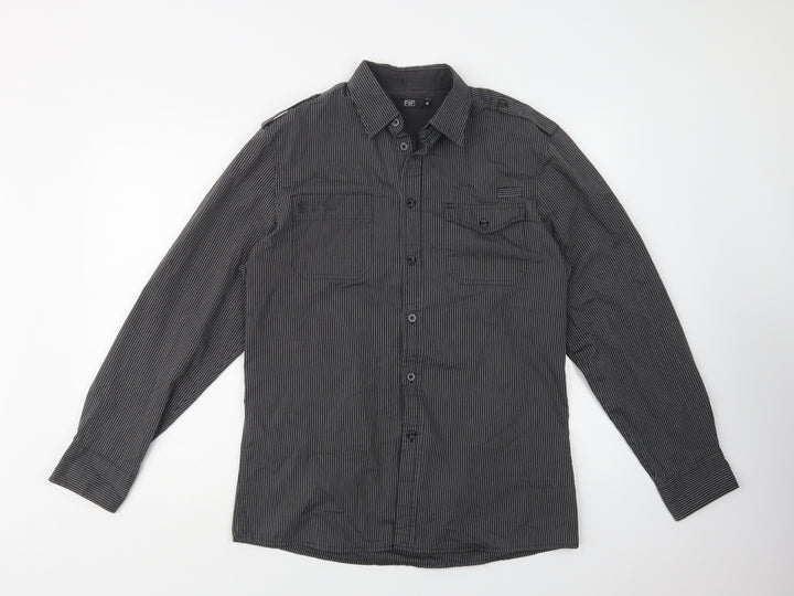 F&F Mens Black Striped Cotton  Button-Up Size M Collared Button