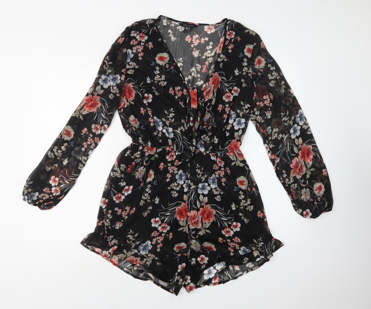 New Look Womens Black Floral Polyester Playsuit One-Piece Size 12  Tie