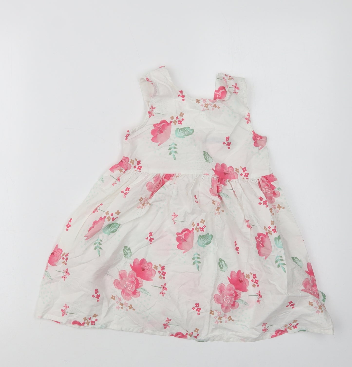 George Girls White Floral Cotton A-Line  Size 3-4 Years  Round Neck Button