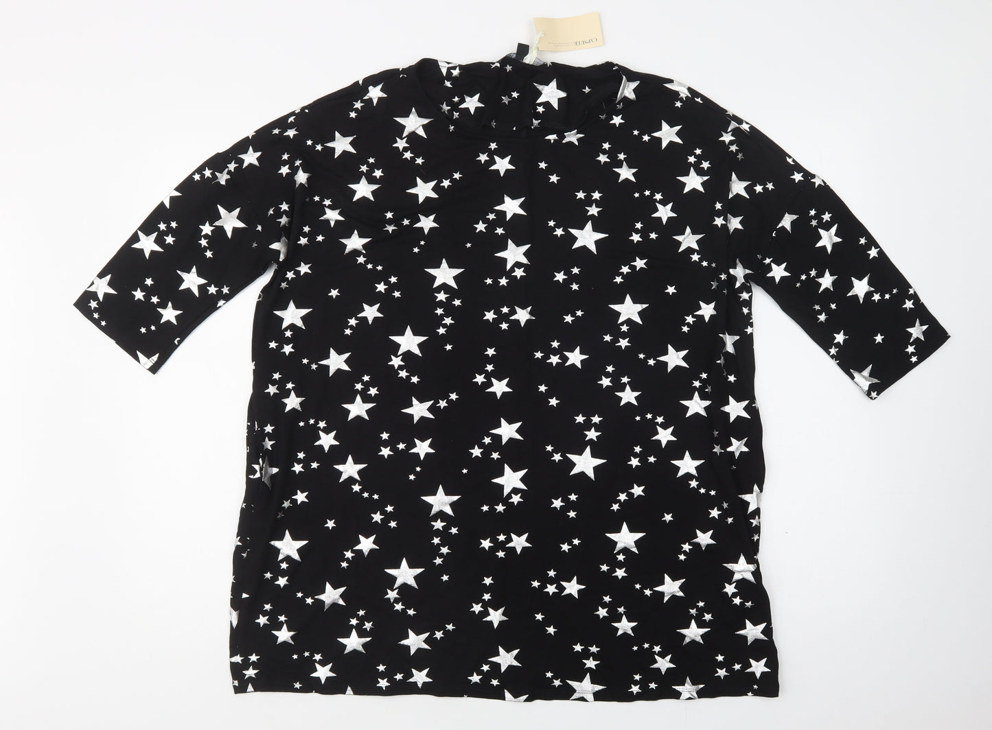 Capsule Womens Black Geometric Viscose Tunic Blouse Size 14 Crew Neck - Star Print
