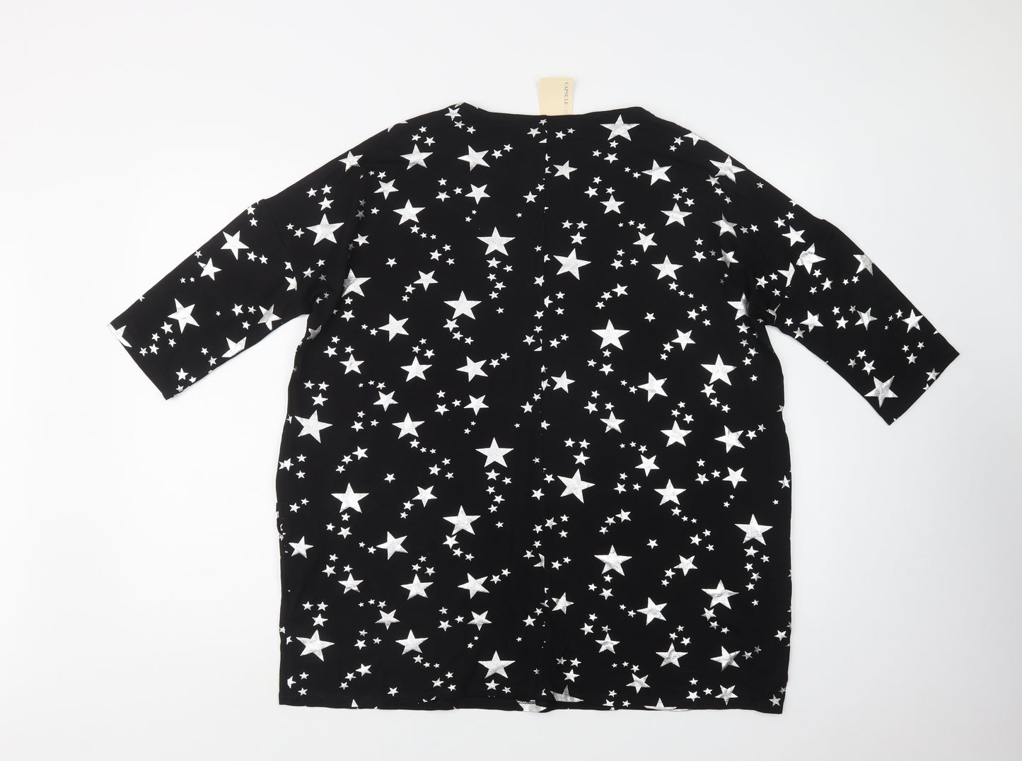 Capsule Womens Black Geometric Viscose Tunic Blouse Size 14 Crew Neck - Star Print