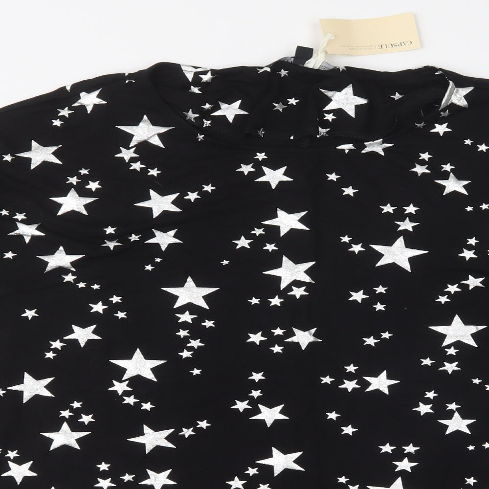 Capsule Womens Black Geometric Viscose Tunic Blouse Size 14 Crew Neck - Star Print