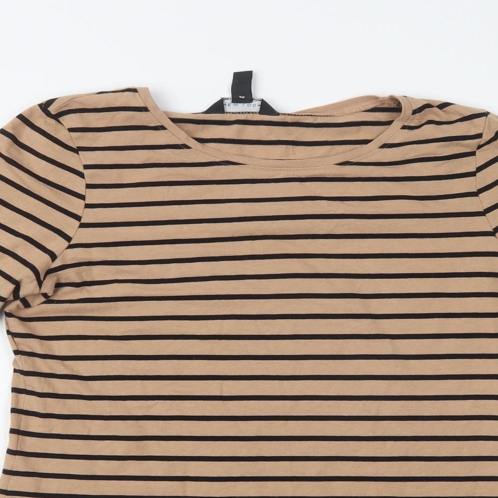 New Look Womens Beige Striped Cotton Basic T-Shirt Size 10 Crew Neck