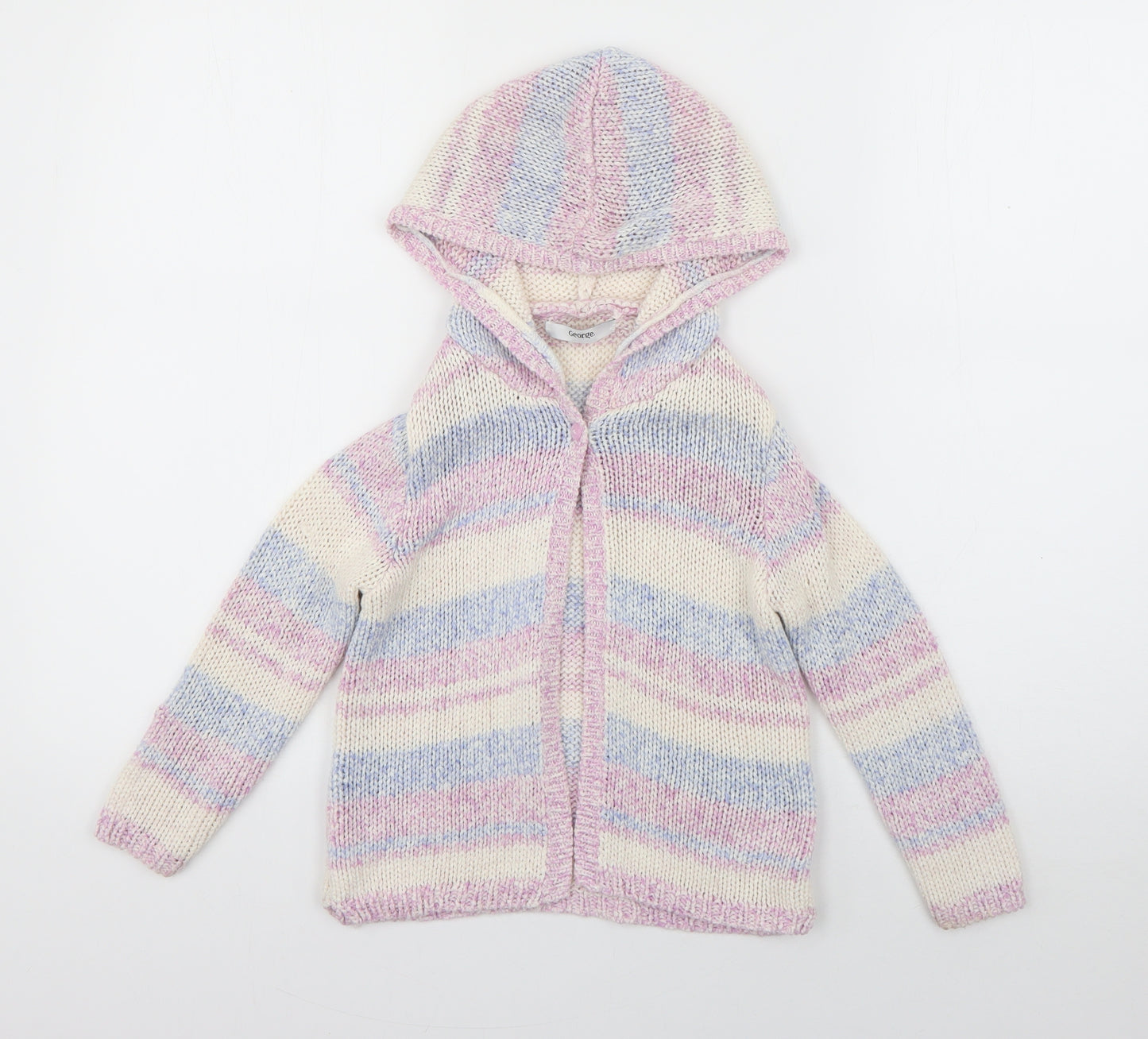 George Girls Purple Round Neck Striped Acrylic Cardigan Jumper Size 4-5 Years  Button