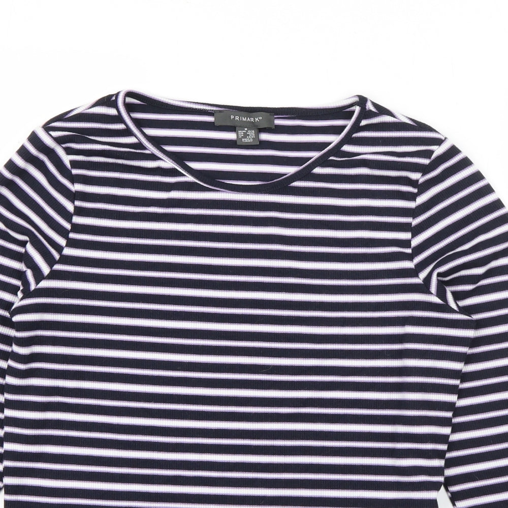 Primark Womens Blue Striped Polyester Basic T-Shirt Size 12 Round Neck