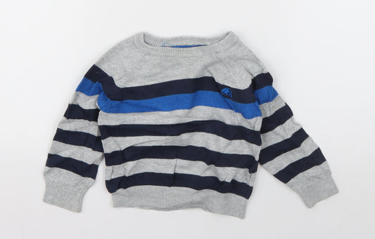 Front view of Rebel boys’ blue striped cotton jumper, size 9-12, months button