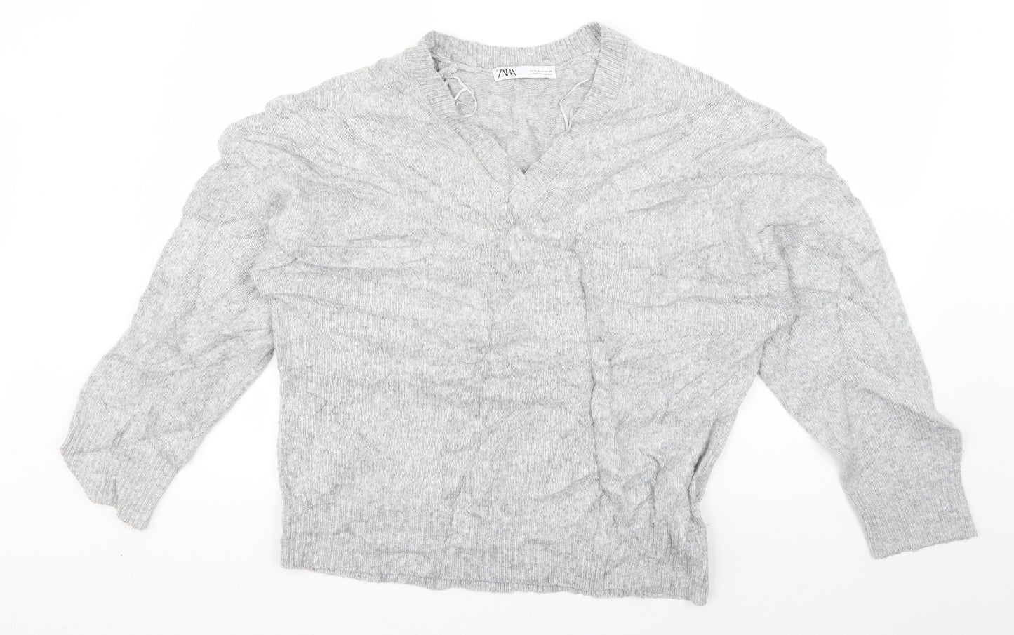 Zara Womens Grey V-Neck  Acrylic Pullover Jumper Size S