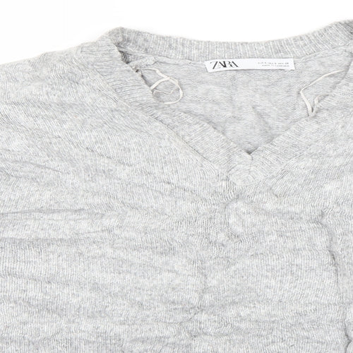 Zara Womens Grey V-Neck  Acrylic Pullover Jumper Size S