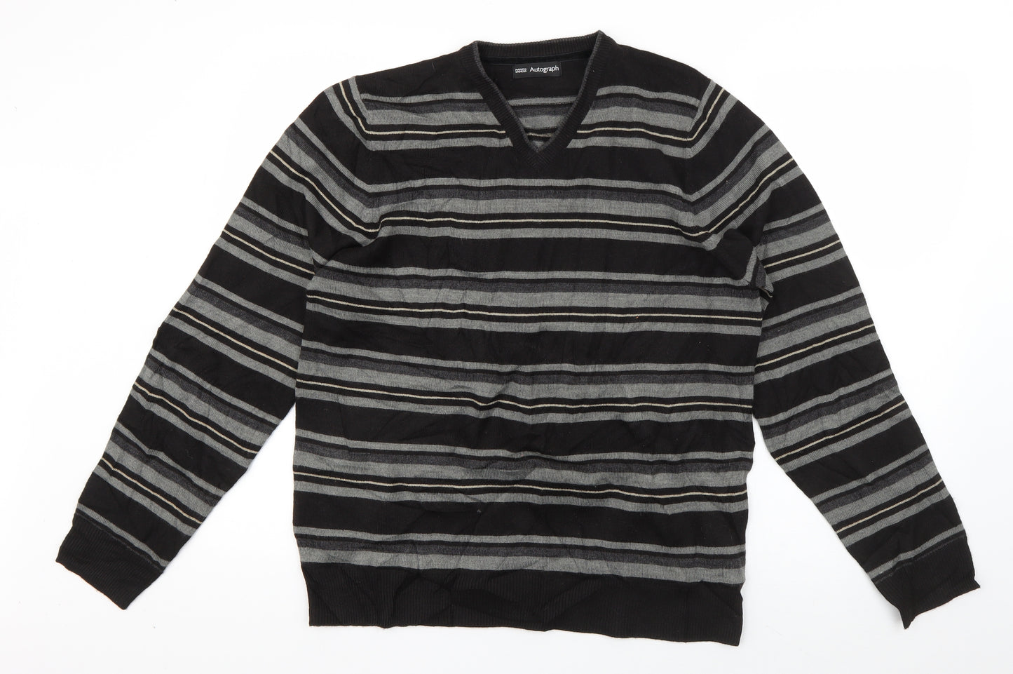 Autograph Mens Blue V-Neck Striped Acrylic Pullover Jumper Size M
