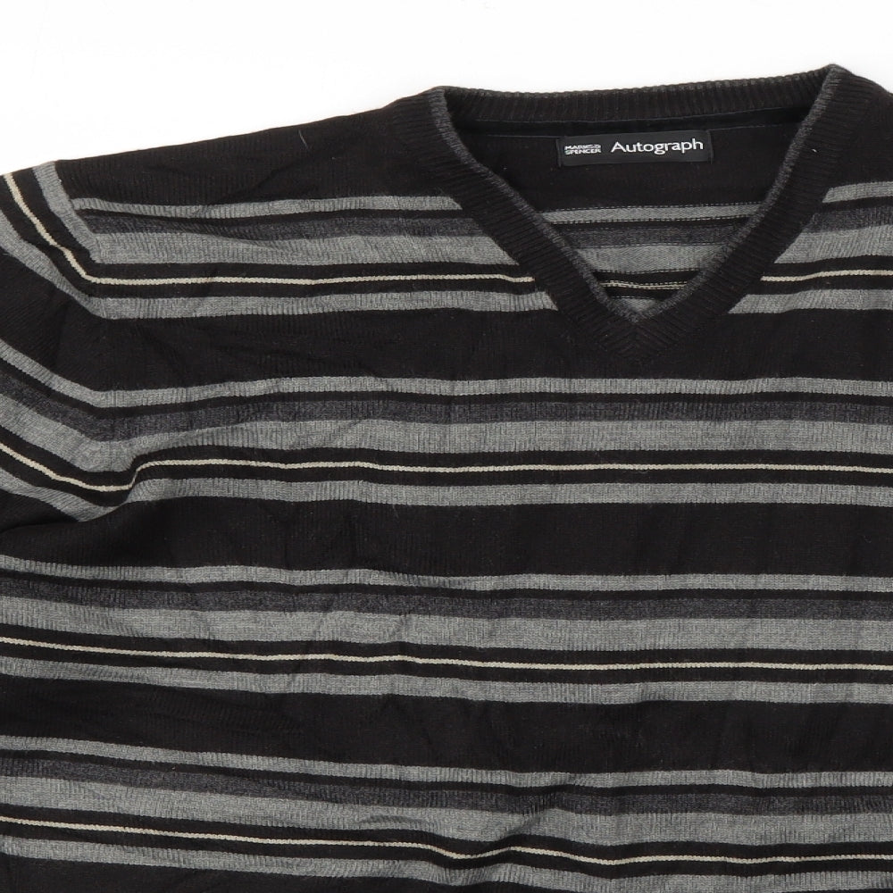 Autograph Mens Blue V-Neck Striped Acrylic Pullover Jumper Size M