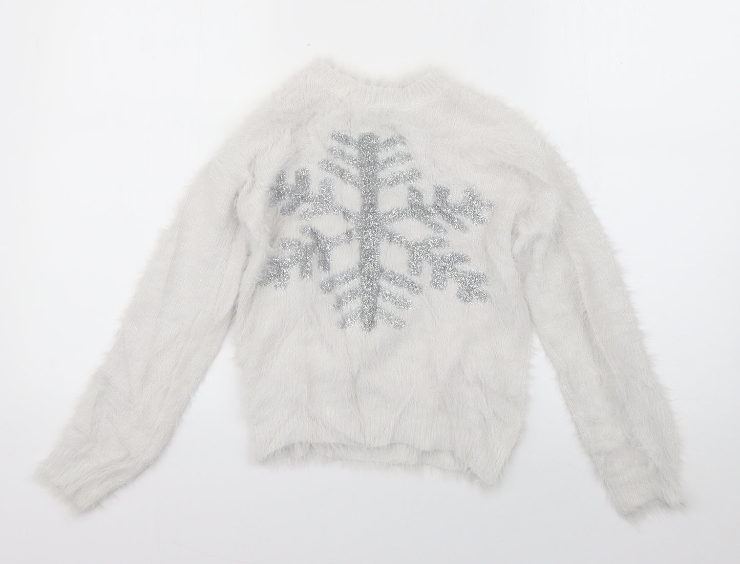 F&F Girls White Round Neck  Polyamide Pullover Jumper Size 7-8 Years  Pullover - Snowflake