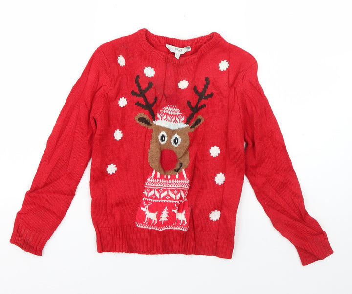 Peacocks Girls Red Round Neck Acrylic Pullover Jumper Size 6-7 Years Pullover - Rudolph