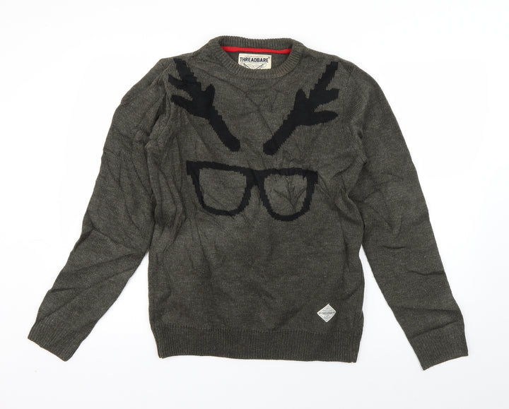 Threadbare Mens Green Crew Neck  Acrylic Pullover Jumper Size S   - Hipster Reindeer