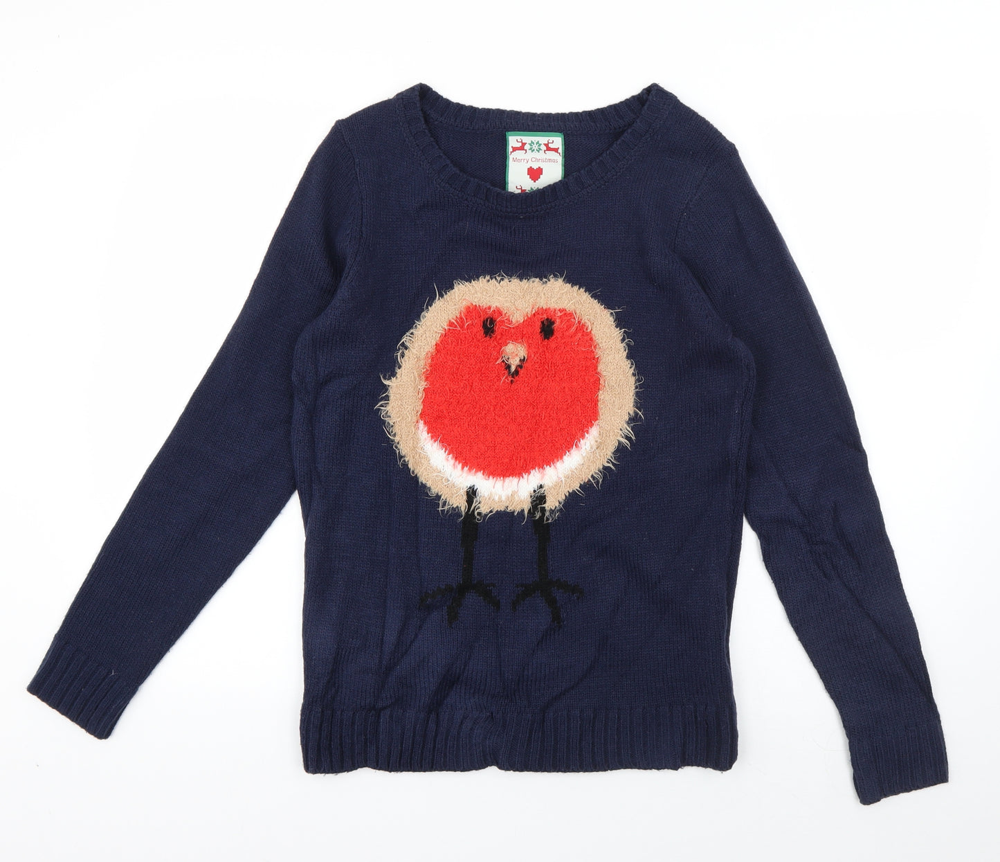 Merry Christmas Womens Blue Round Neck  Acrylic Pullover Jumper Size S