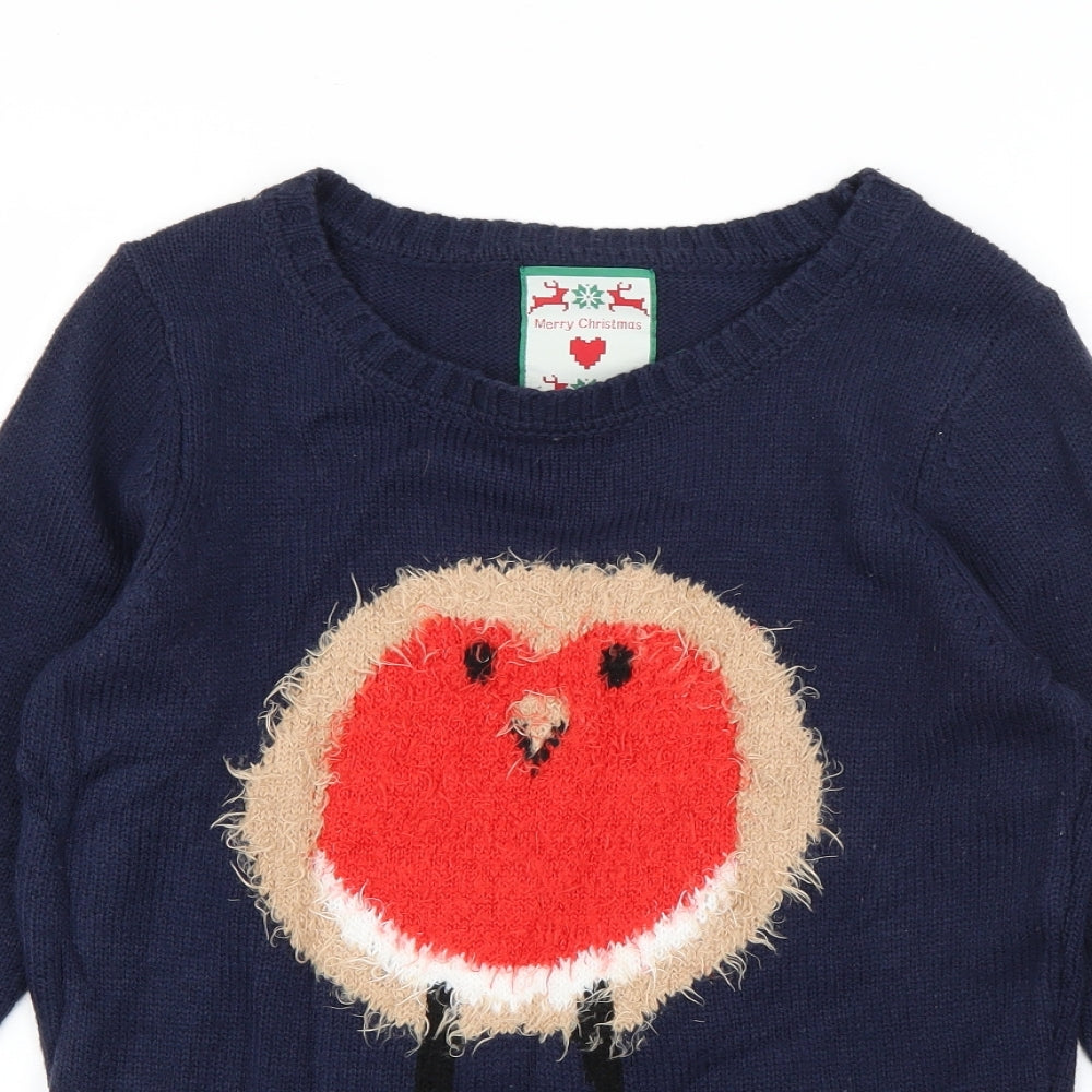 Merry Christmas Womens Blue Round Neck  Acrylic Pullover Jumper Size S