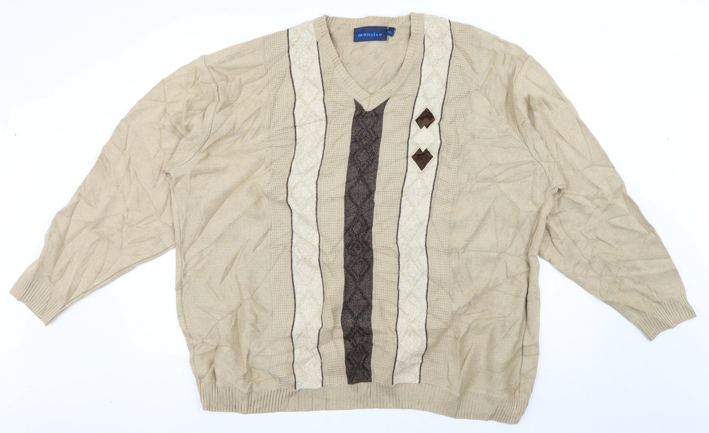 Mansize Mens Beige V-Neck Striped Cotton Pullover Jumper Size 4XL