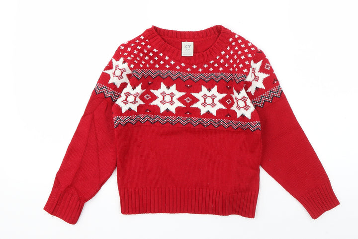 ZY Girls Red Crew Neck Geometric Acrylic Pullover Jumper Size 3-4 Years Pullover