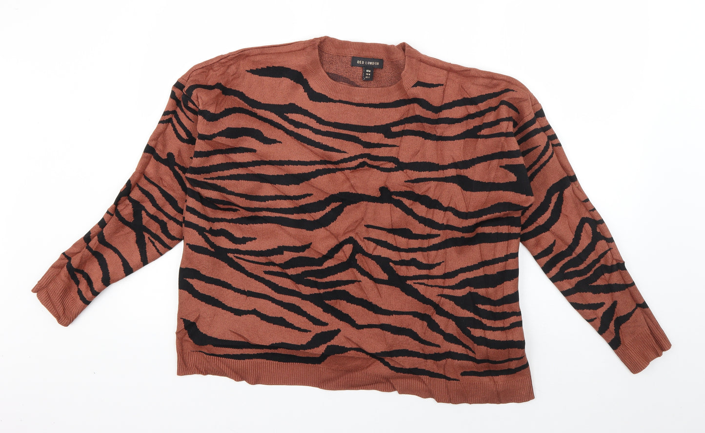 QED London Womens Brown Round Neck Animal Print Viscose Pullover Jumper Size M