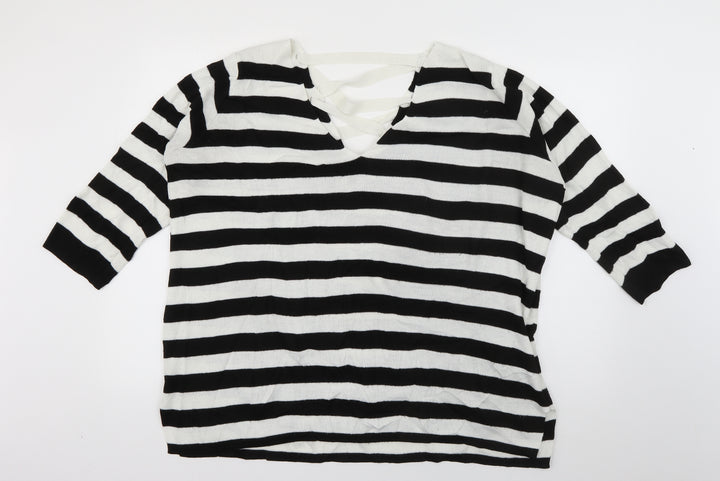 Amaryllis Womens White V-Neck Striped Acrylic Pullover Jumper Size 12