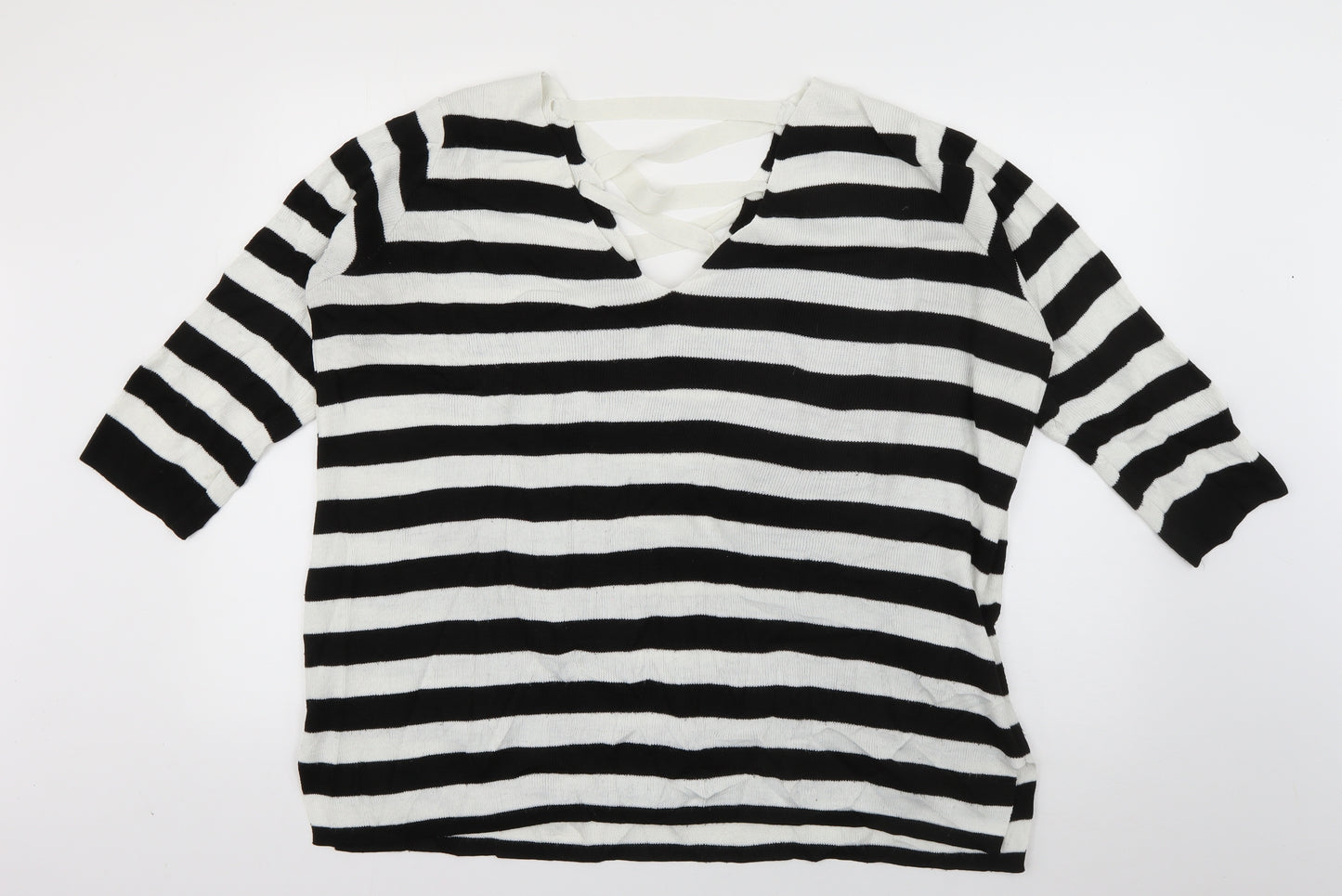 Amaryllis Womens White V-Neck Striped Acrylic Pullover Jumper Size 12