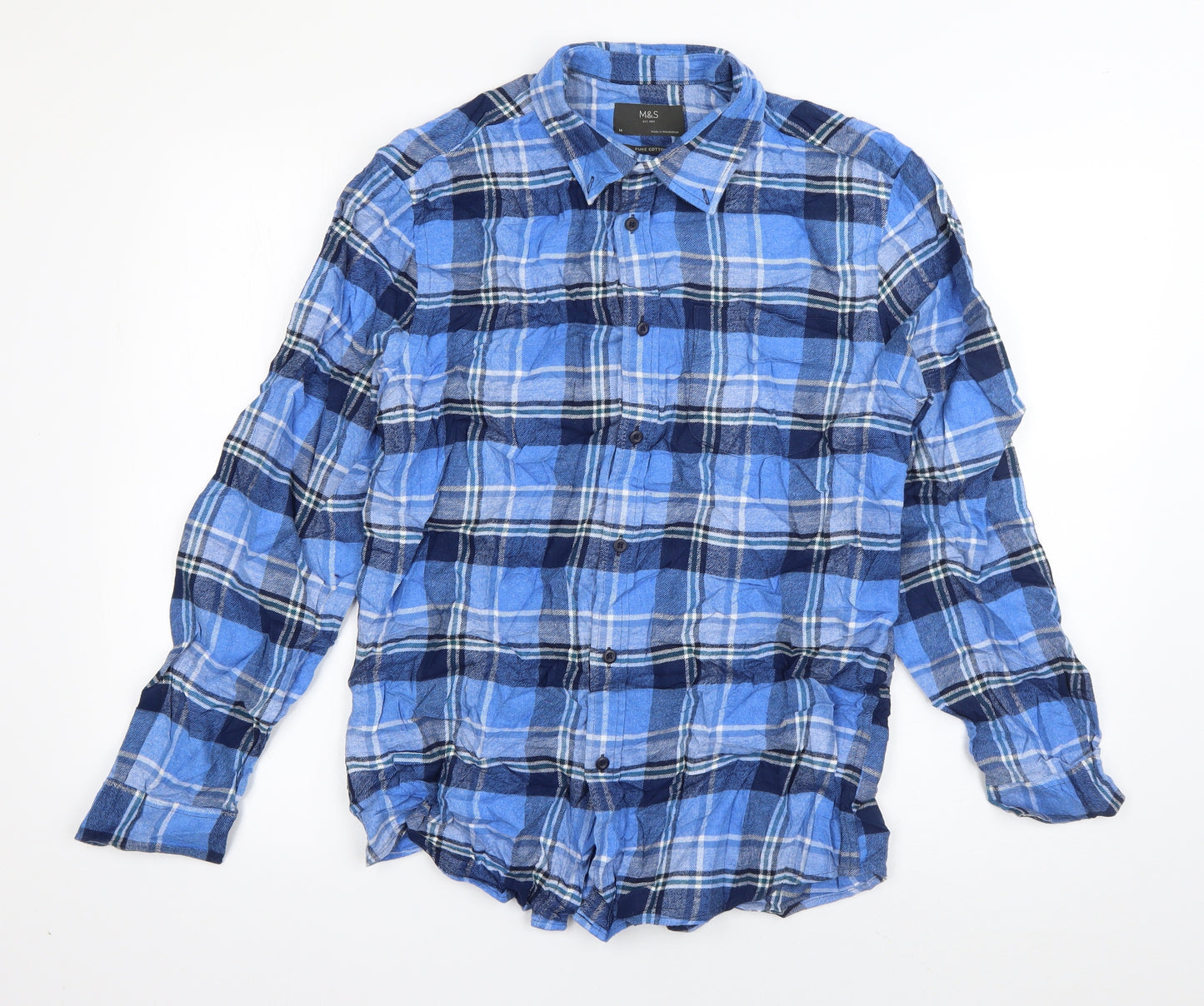 Matalan Mens Blue Plaid Cotton  Button-Up Size M Collared Button