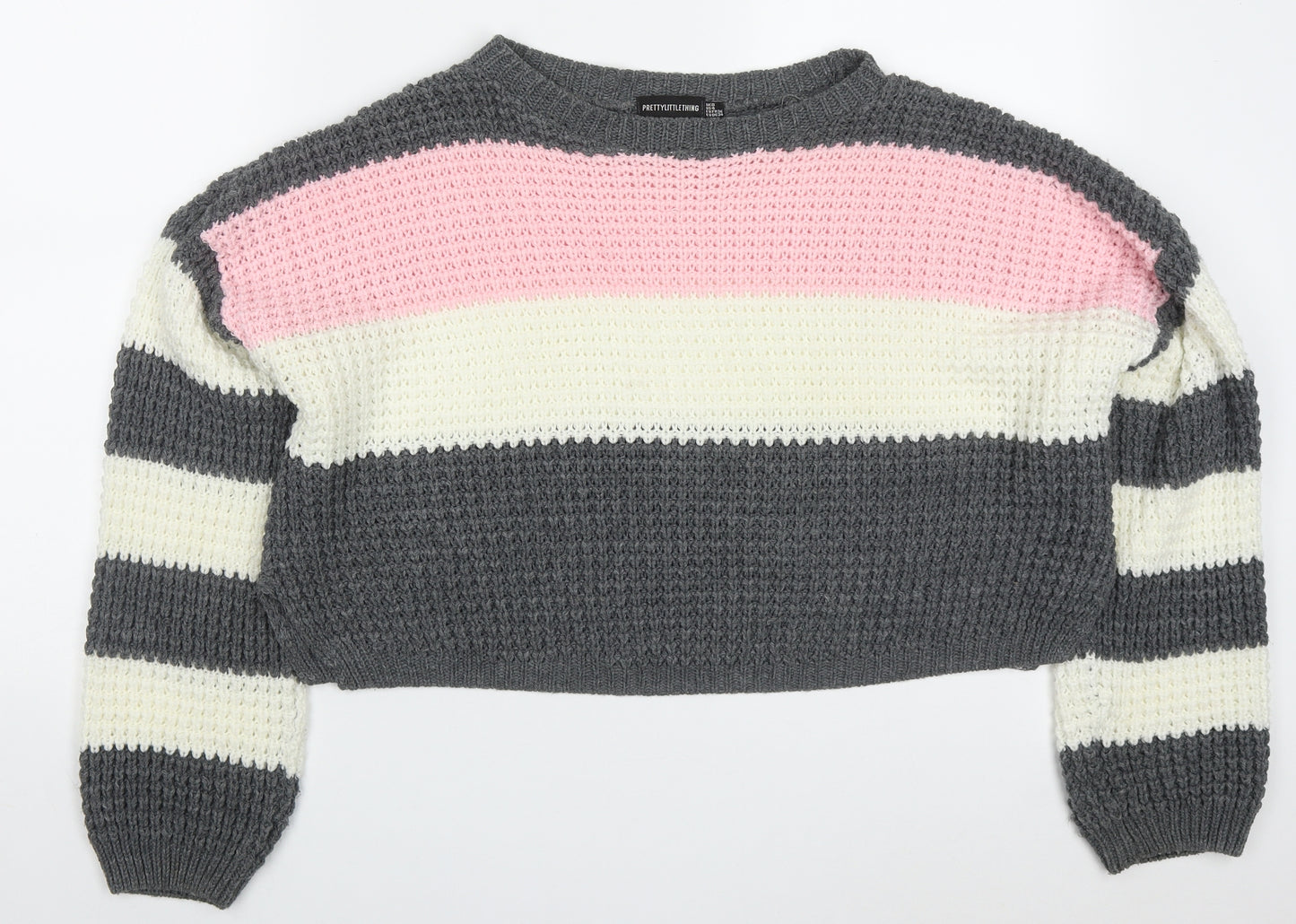 PRETTYLITTLETHING Womens Pink Round Neck Striped Acrylic Pullover Jumper Size 8   - Grey