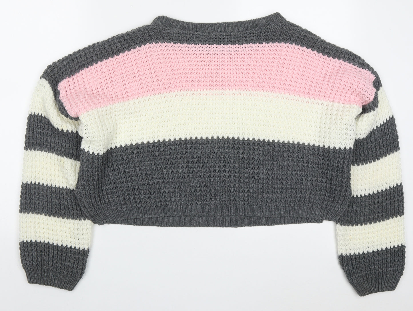 PRETTYLITTLETHING Womens Pink Round Neck Striped Acrylic Pullover Jumper Size 8   - Grey