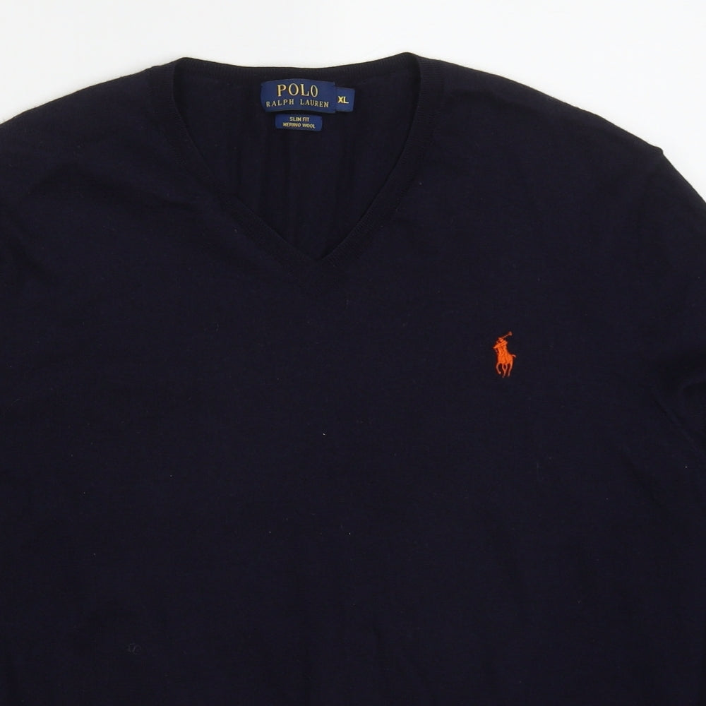 Ralph Lauren Mens Blue V-Neck  Wool Pullover Jumper Size XL