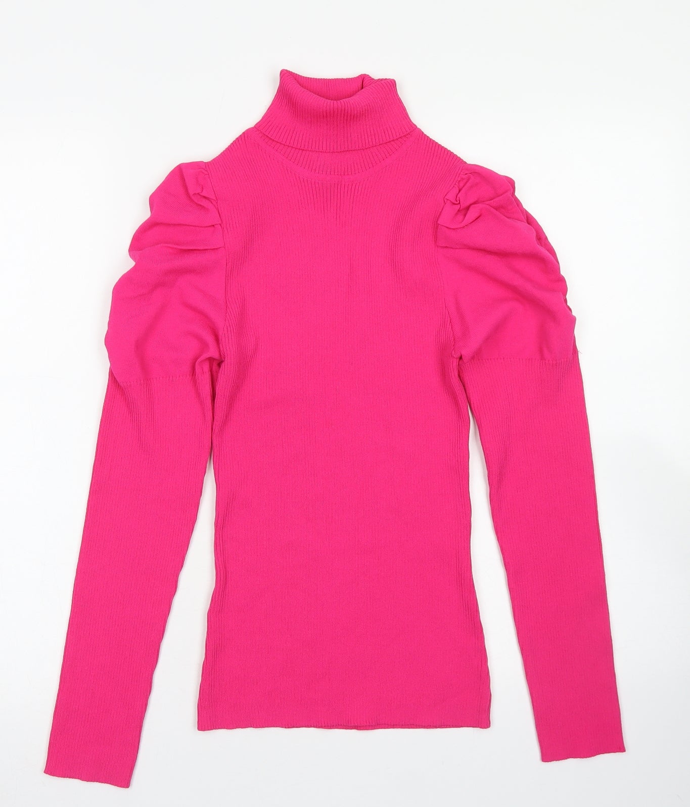 River Island Womens Pink Roll Neck  Viscose Pullover Jumper Size 14   - Ruffle Sleeve