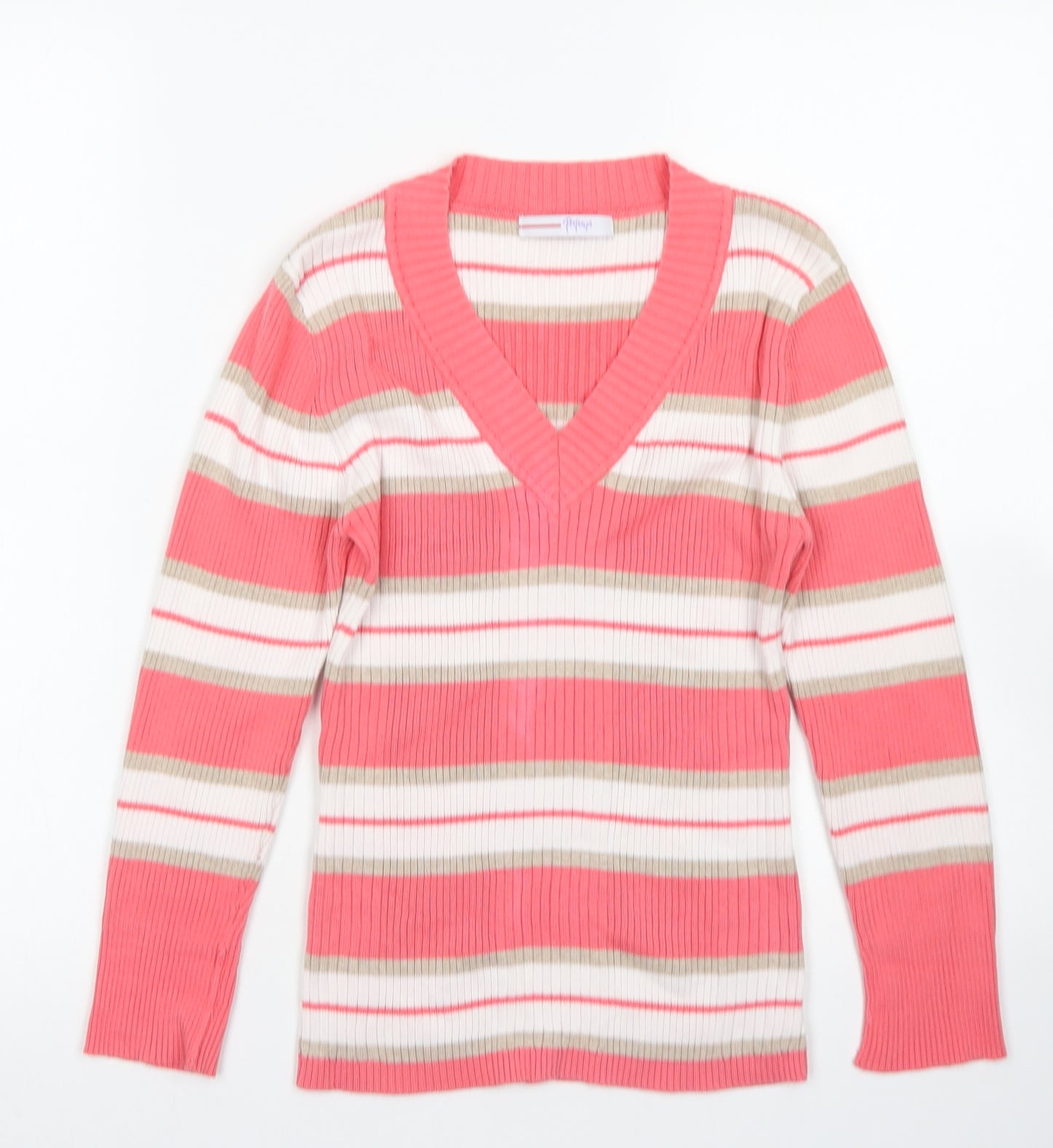 Papaya Womens Pink V-Neck Striped Cotton Pullover Jumper Size 10