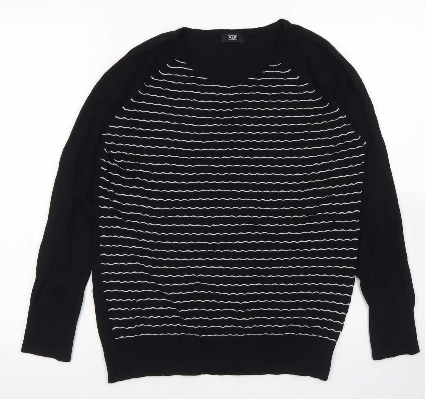 F&F Womens Black Crew Neck Striped Viscose Pullover Jumper Size 14