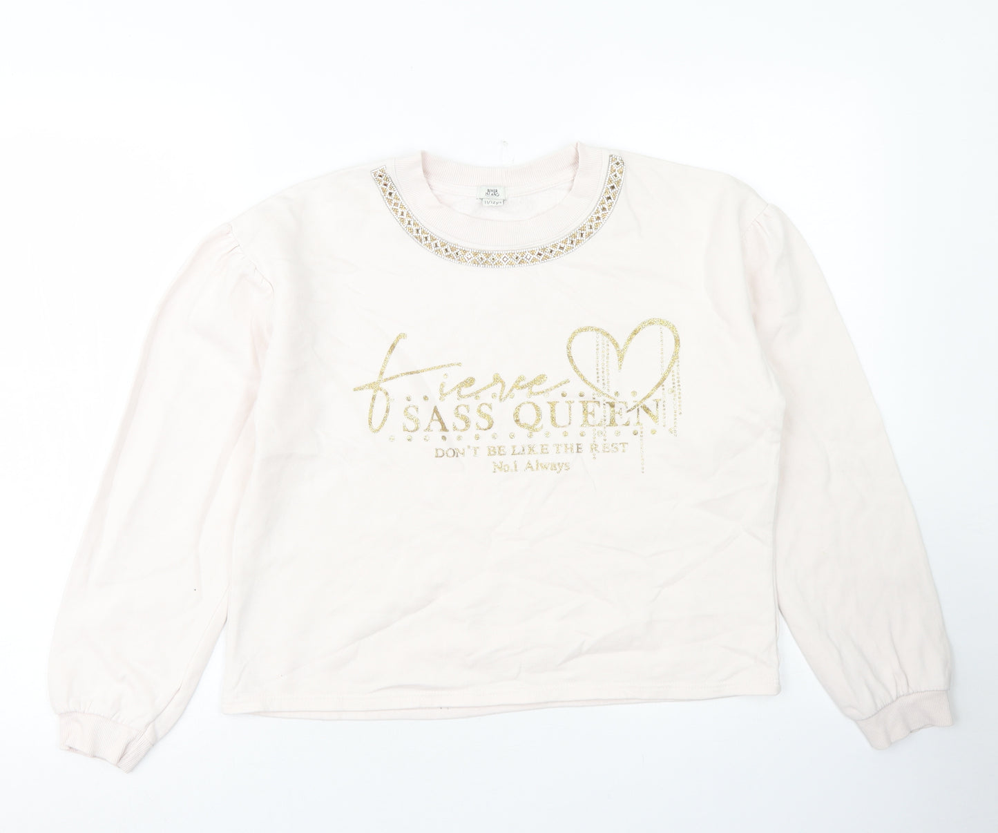 River Island Girls Pink  Cotton Pullover Sweatshirt Size 11-12 Years   - Sass Queen
