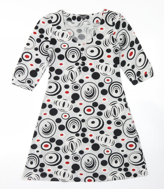 Front view of Izabel women’s grey geometric polyester fit & flare, size S, v-neck