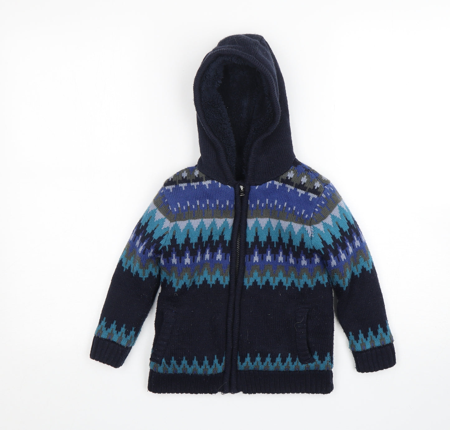 TU Boys Blue Fair Isle Acrylic Full Zip Hoodie Size 3 Years