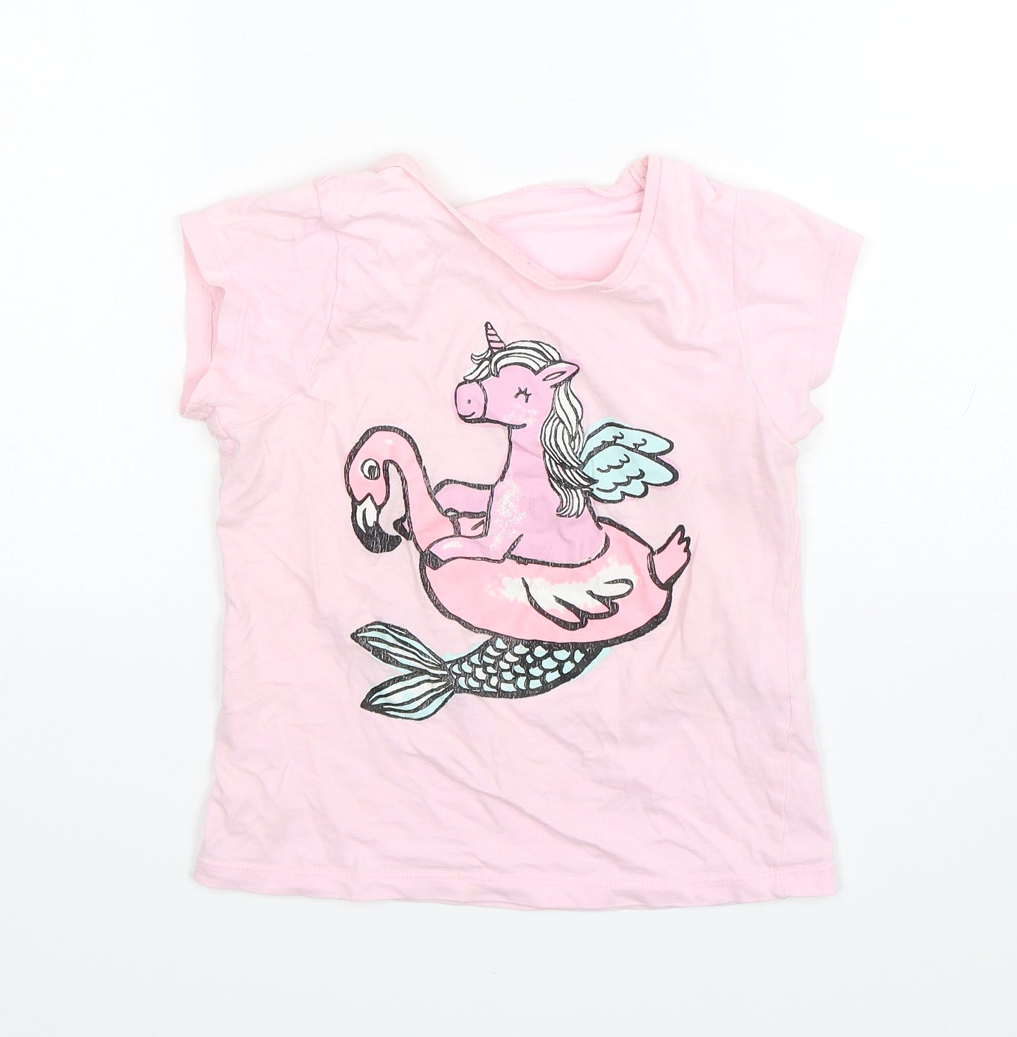 George Girls Pink  Cotton Basic T-Shirt Size 4-5 Years Round Neck  - Unicorn